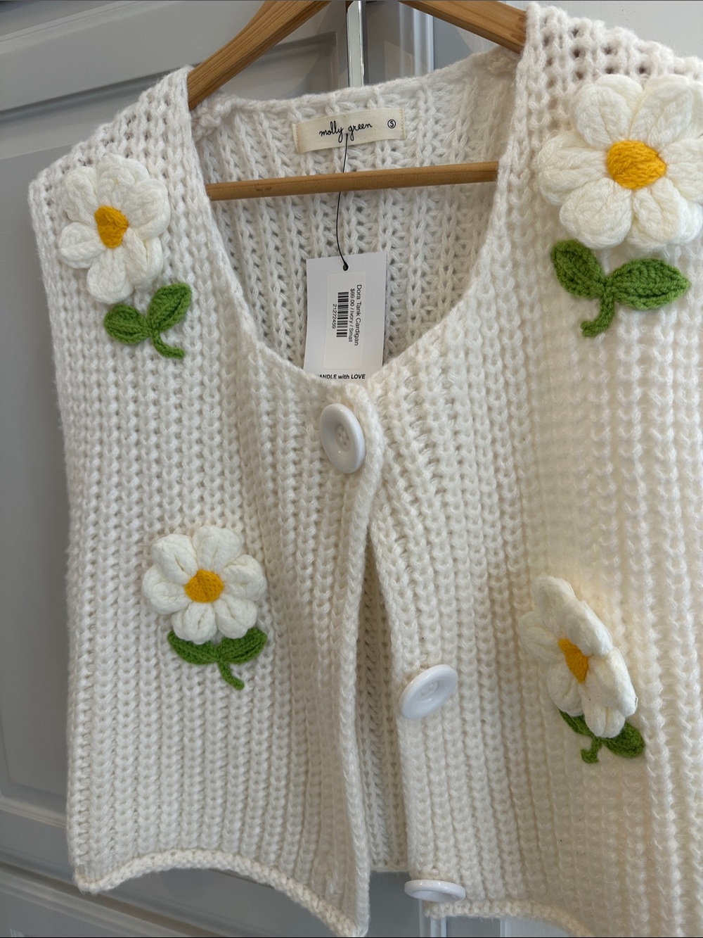 Molly Green Cream Daisy-Appliqué Knit Vest